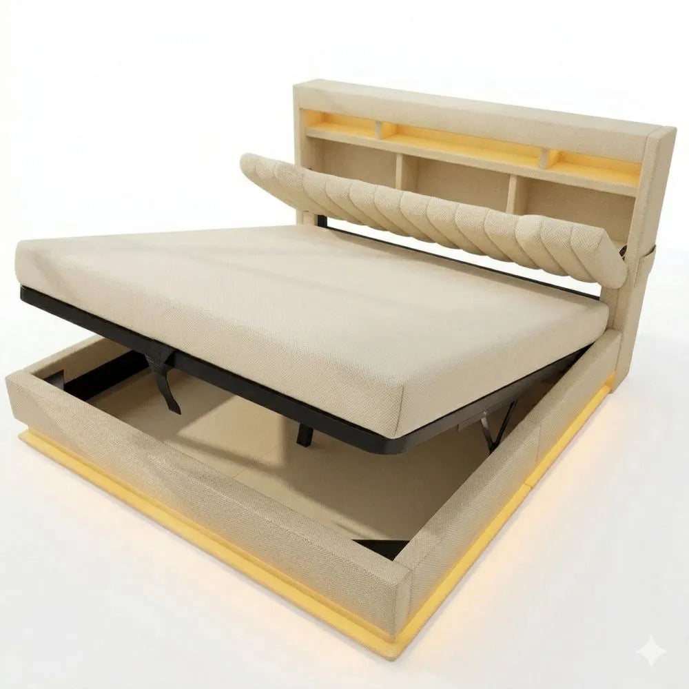 Modernes Doppelbett mit Stauraum und LED-Beleuchtung