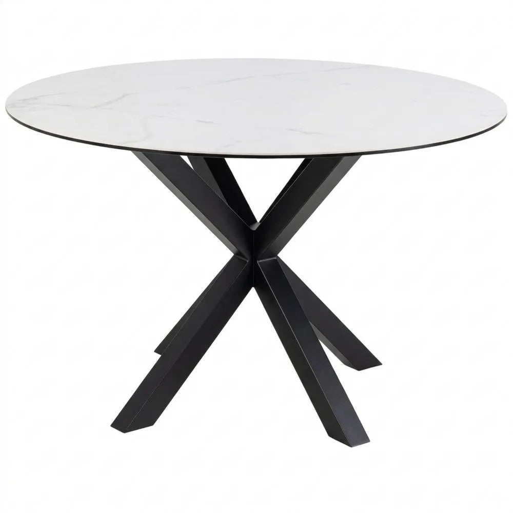 Runder Esstisch für 4 Personen, Marmoroptik Tischplatte und Metallkreuzgestell, Keramikoberfläche, hitzebeständig und kratzfest, Ø 119 x H 75,5 cm