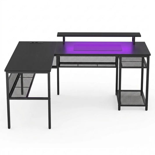 Eck-Gaming-Schreibtisch mit Ablage, 141x117x76 cm, für Studium und Homeoffice, Schwarz