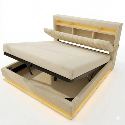 Modernes Doppelbett mit Stauraum und LED-Beleuchtung