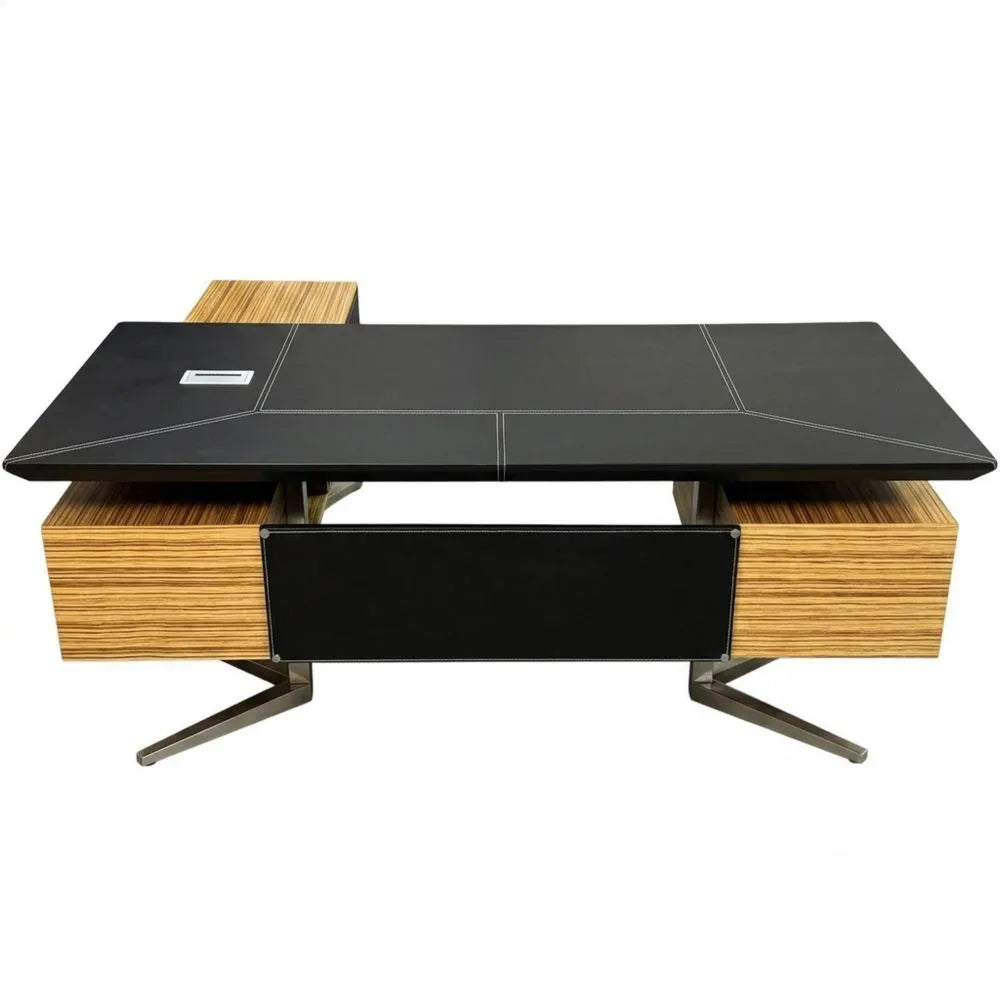 Eleganter Winkelschreibtisch in Schwarz mit Kunstleder und Edelstahl