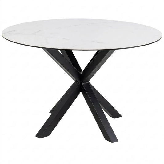 Runder Esstisch für 4 Personen, Marmoroptik Tischplatte und Metallkreuzgestell, Keramikoberfläche, hitzebeständig und kratzfest, Ø 119 x H 75,5 cm